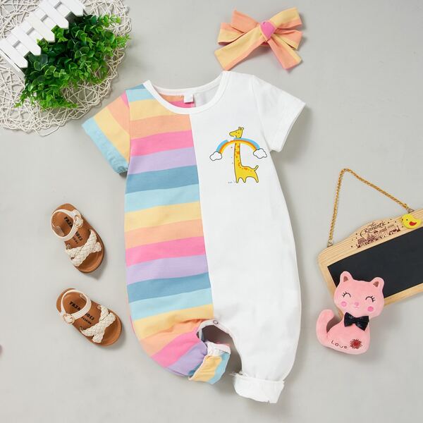 

Baby Girl Cartoon And Rainbow Stripe Jumpsuit, Multicolor