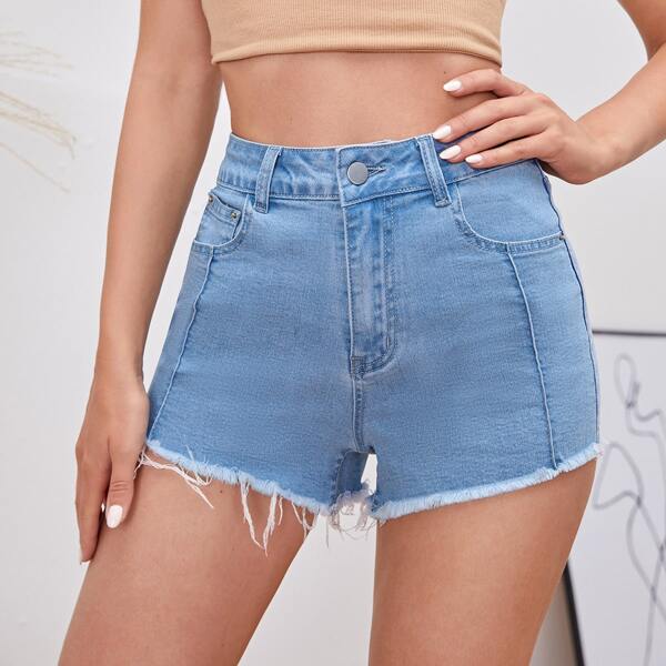 

Raw Hem Slant Pocket Denim Shorts, Light wash
