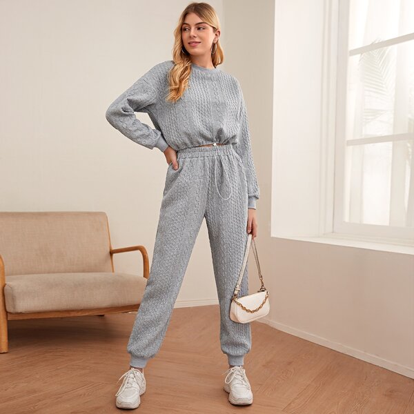 

Drop Shoulder Drawstring Hem Sweatshirt & Sweatpants, Grey