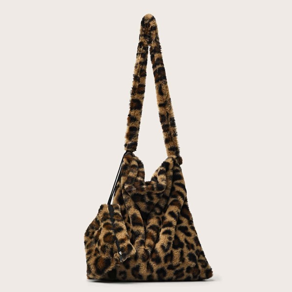 

Leopard Fluffy Shoulder Bag With Purse, Brown