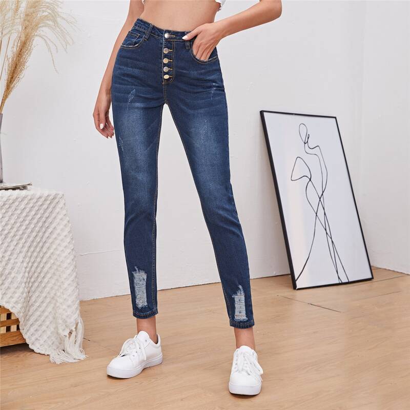 

High Waist Ripped Skinny Jeans, Dark wash