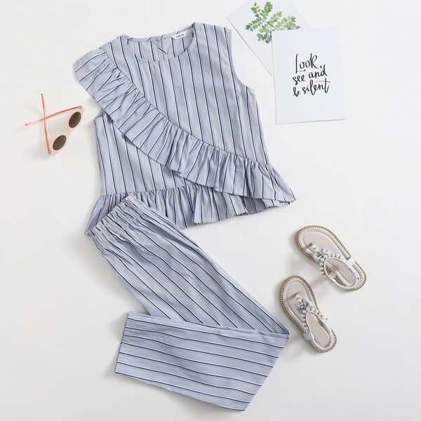 

Girls Ruffle Trim Striped Peplum Top & Pants Set, Dusty blue