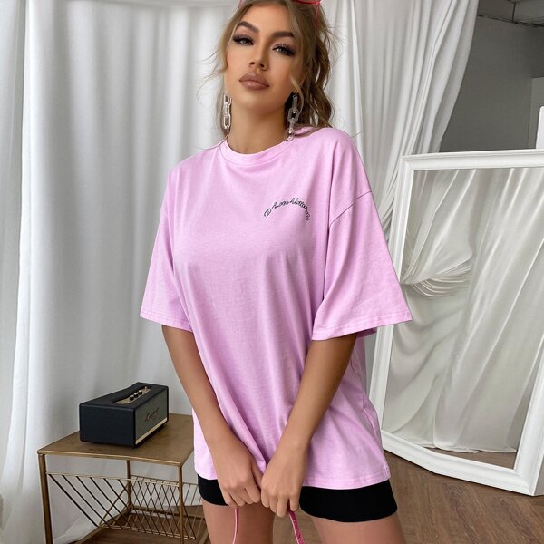 

Slogan & Unicorn Print Drop Shoulder Longline Tee, Pink
