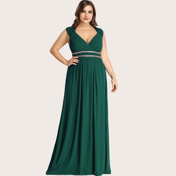 

Plus Rhinestone Waist Backless Chiffon Prom Dress, Green