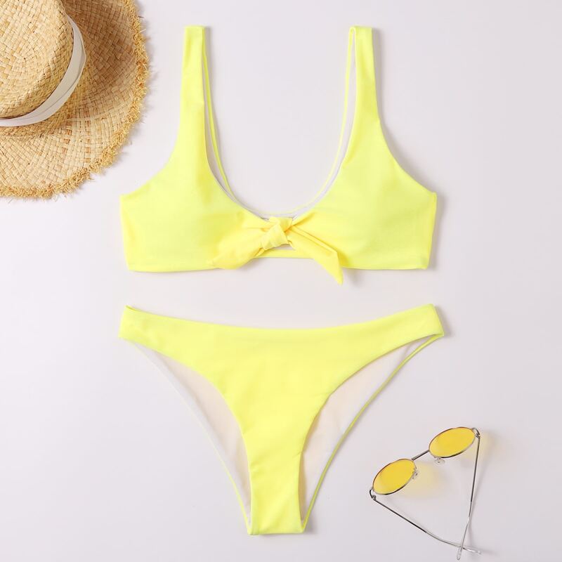 

Solid Knot Front Bikini Swimsuit, Yellow
