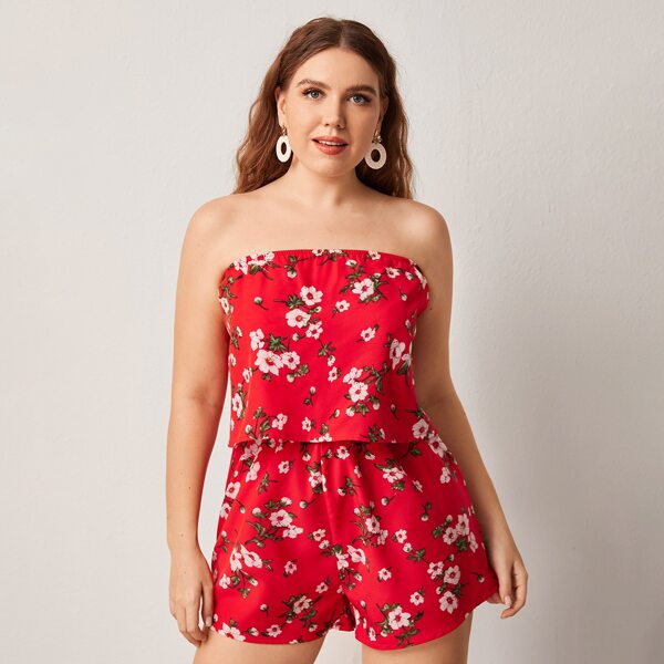 

Plus Floral Print Tube Romper, Red
