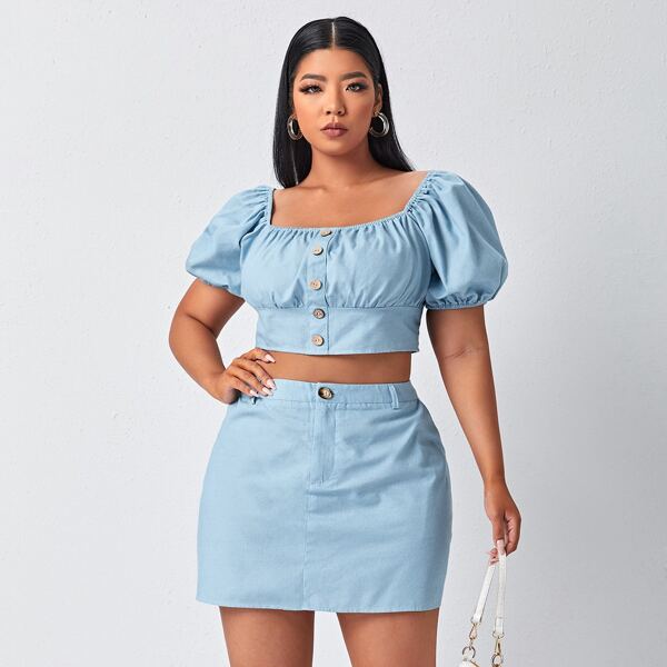 

Plus Denim Button Front Puff Sleeve Top & Skirt, Light wash
