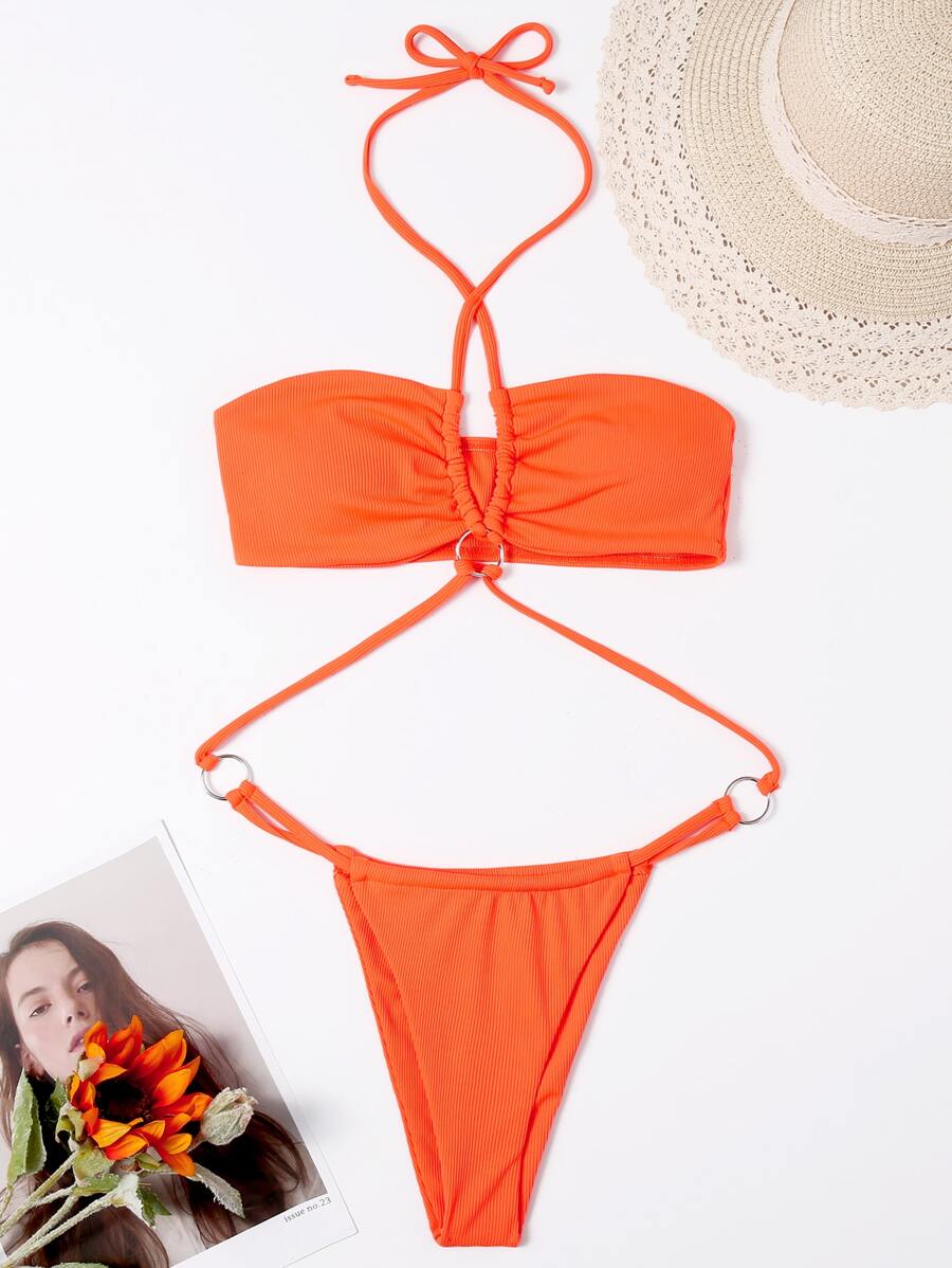 Summer Rib Ring Linked One Piece Swimsuit - Orange - View 1