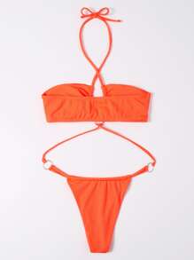 Summer Rib Ring Linked One Piece Swimsuit - Orange - View 2