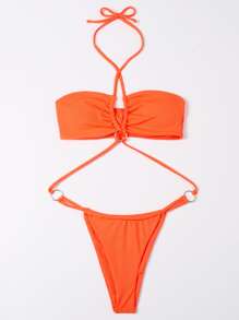 Summer Rib Ring Linked One Piece Swimsuit - Orange - View 3