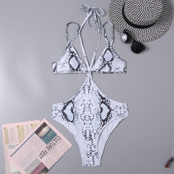

Snakeskin Halter Bikini Swimsuit, Black and white