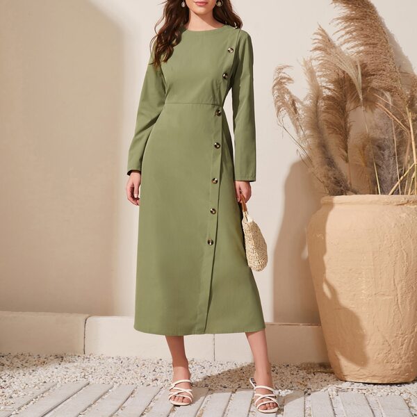 

Button Front Solid A-line Dress, Army green