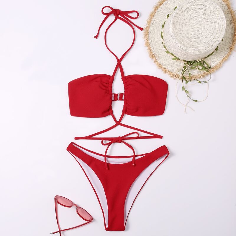 

Criss Cross Halter Bikini Swimsuit, Red