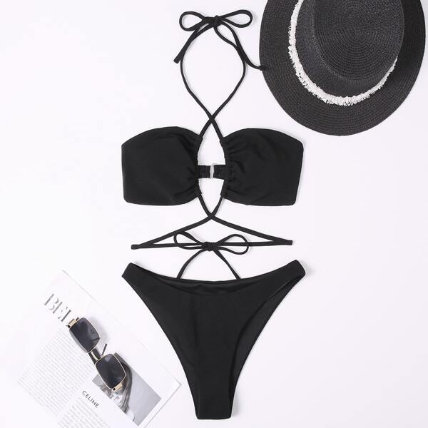 

Criss Cross Halter Bikini Swimsuit, Black