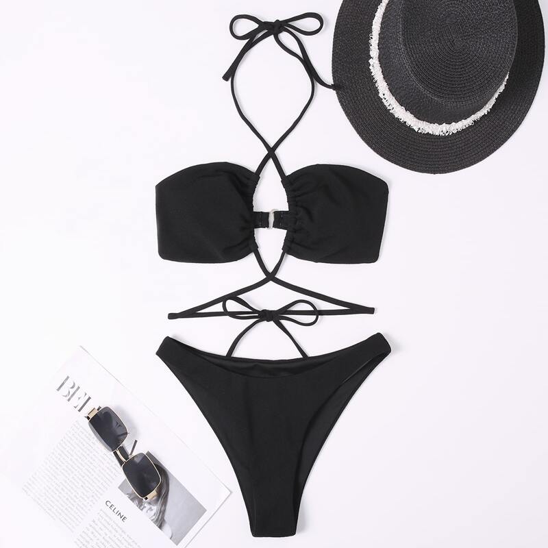 

Criss Cross Halter Bikini Swimsuit, Black