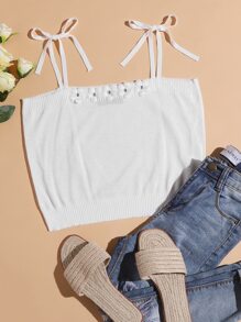 SHEIN Unity Knit ngọn Đề can màu trơn Giải trí - trắng - Xem 1