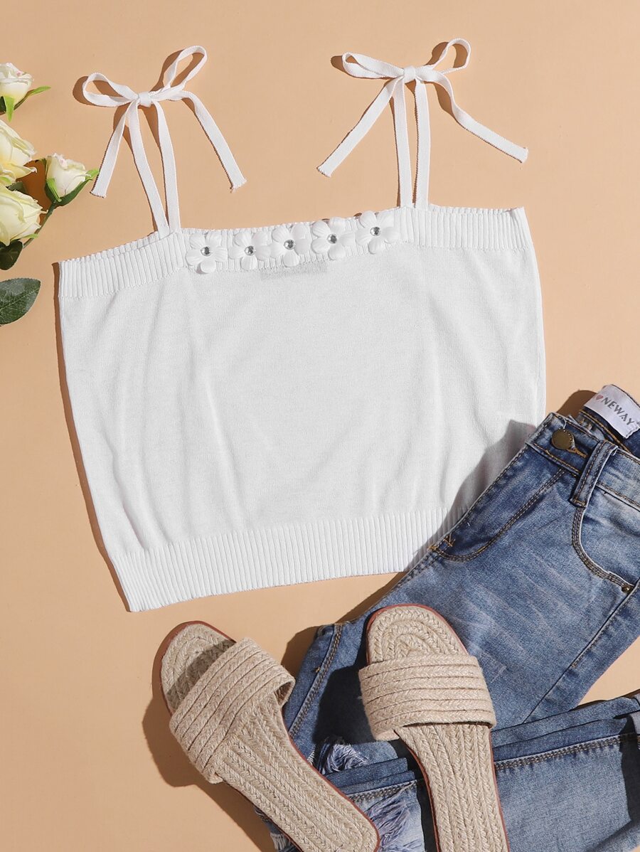 SHEIN Unity Knit ngọn Đề can màu trơn Giải trí - trắng - Xem 1