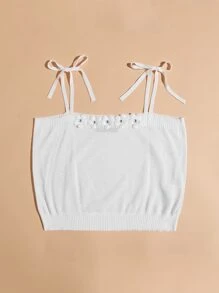 SHEIN Unity Knit ngọn Đề can màu trơn Giải trí - trắng - Xem 4