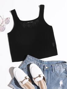 SHEIN Unity Appliques & Rhinestone Detail Knit Tank Top - Black - View 1