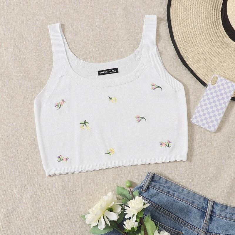 

Floral Embroidery Scallop Trim Crop Cami Top, White