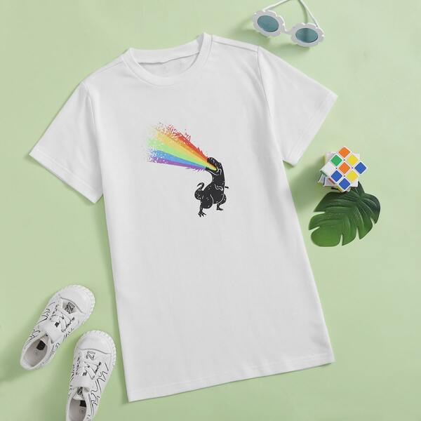 

Boys Rainbow Stripe & Dinosaur Print Tee, White