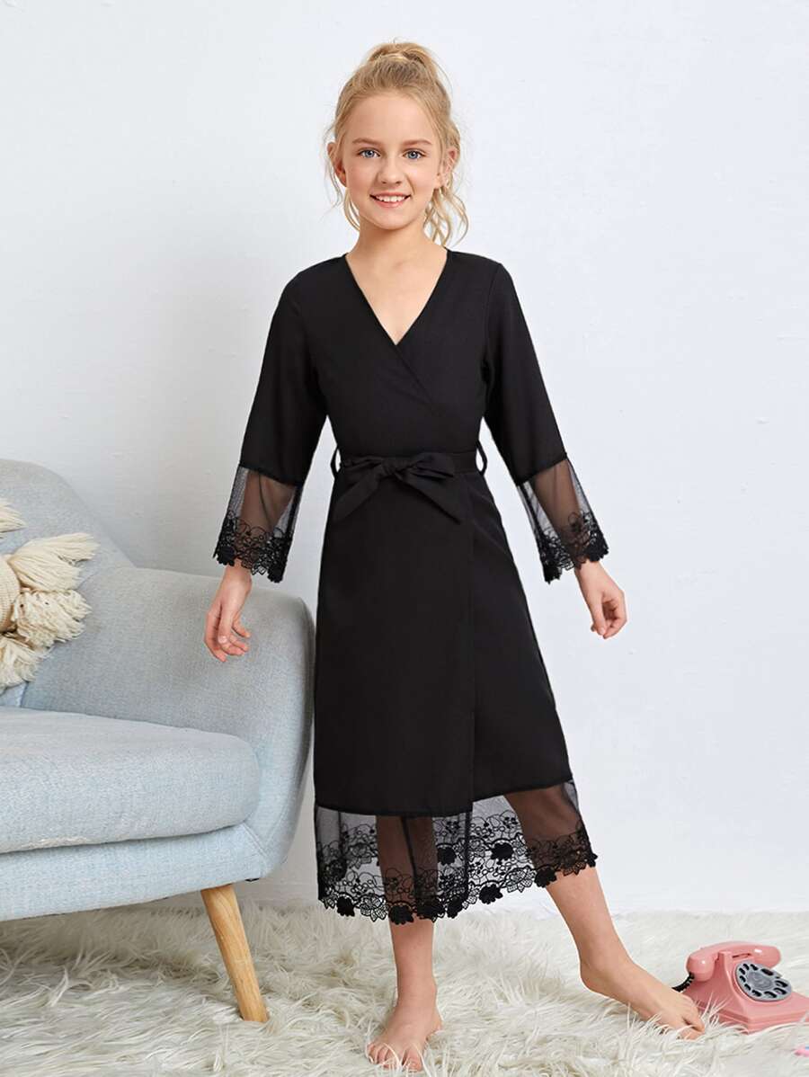 Girls Contrast Lace Belted Kimono - Black - View 1