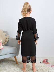 Girls Contrast Lace Belted Kimono - Black - View 2