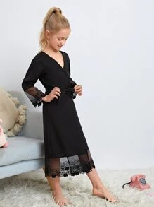 Girls Contrast Lace Belted Kimono - Black - View 4