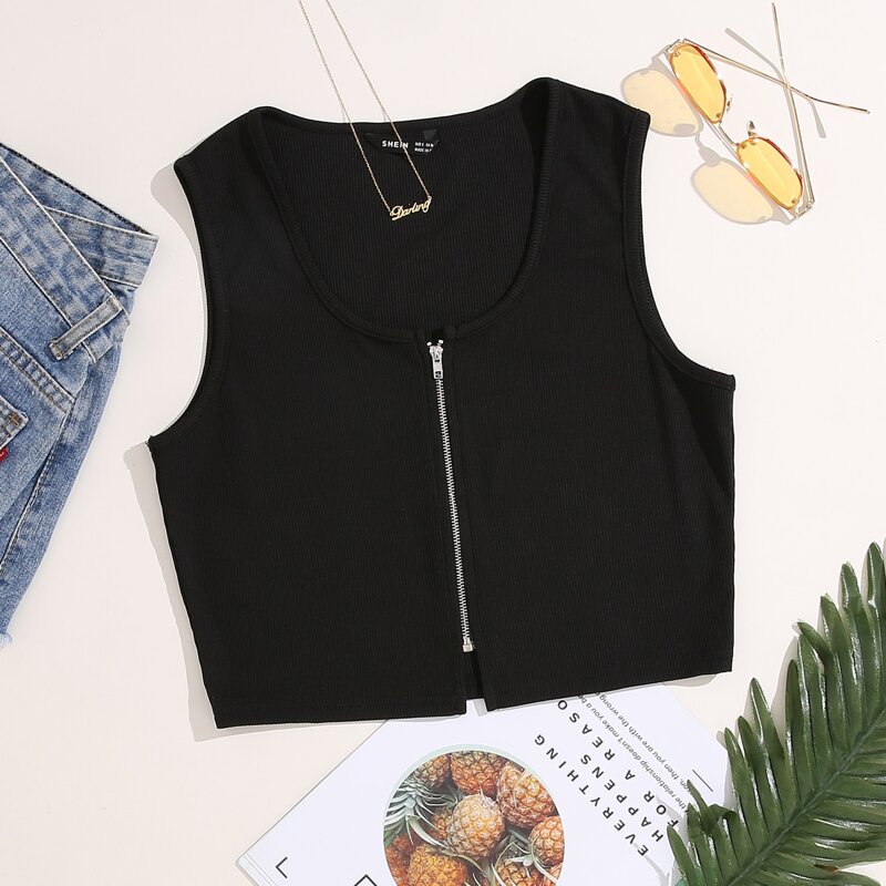 

Rib-Knit Zipper Up Crop Tank Top, Black