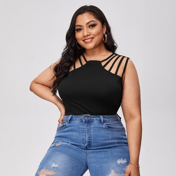 

Plus Cut Out Strappy Front Tank Top, Black