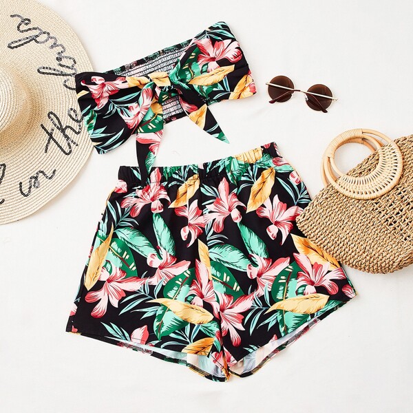 

Plants Print Knot Shirred Tube Top & Shorts, Multicolor