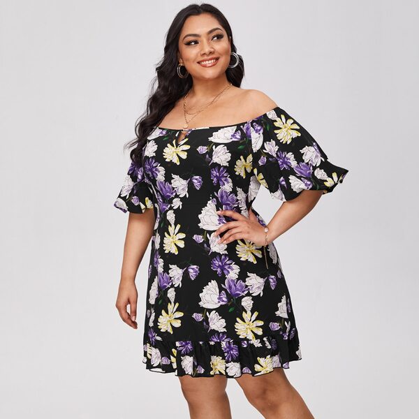 

Plus Floral Print Flounce Sleeve Bardot Dress, Multicolor