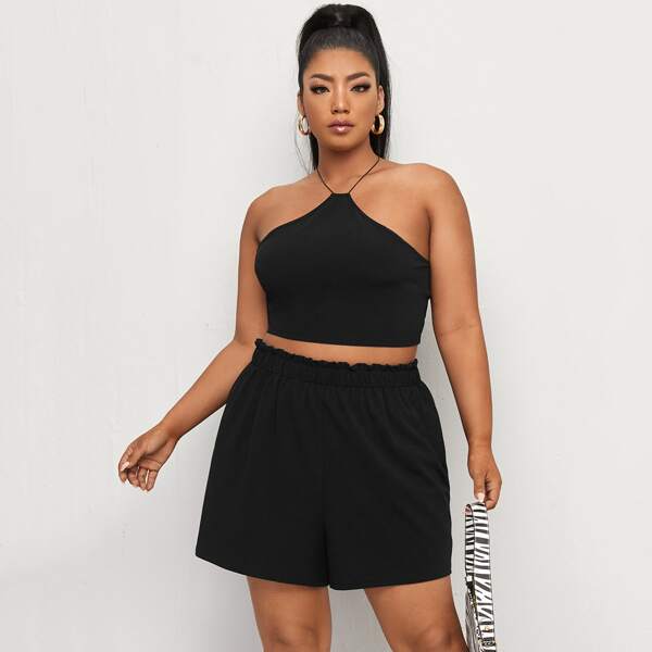 

Plus Solid Backless Halter Top & Shorts, Black