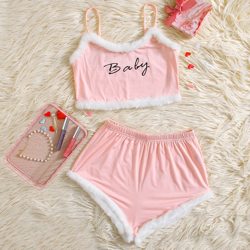 

Letter Graphic Fluffy Trim PJ Set, Coral pink