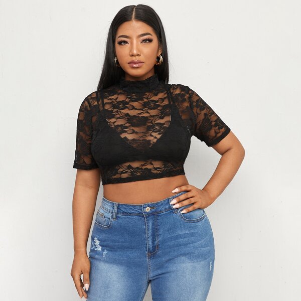 

Plus Mock Neck Sheer Lace Crop Top, Black