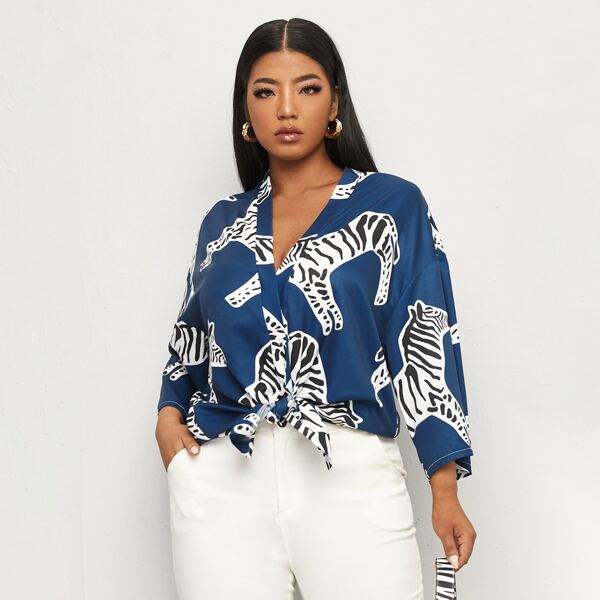 

Plus Satin Zebra Print Button Front Longline Blouse, Multicolor