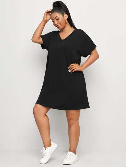 Plus Solid V Neck Tee Dress
