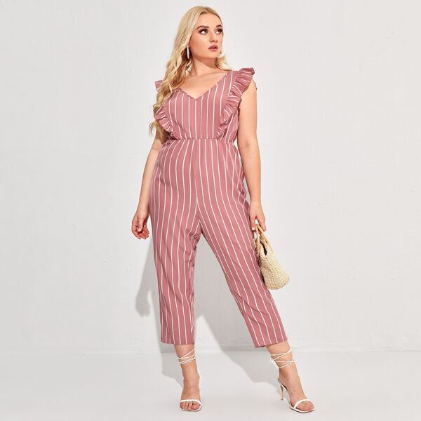 

Plus Striped Print Ruffle Trim Jumpsuit, Dusty pink