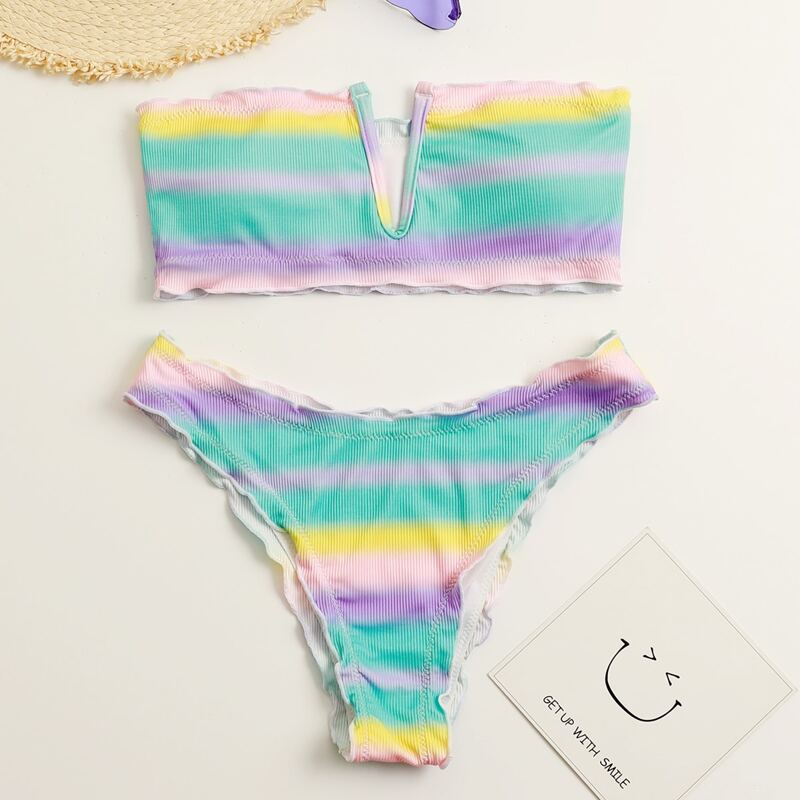

Stripe Ombre Lettuce Trim Bikini Swimsuit, Multicolor