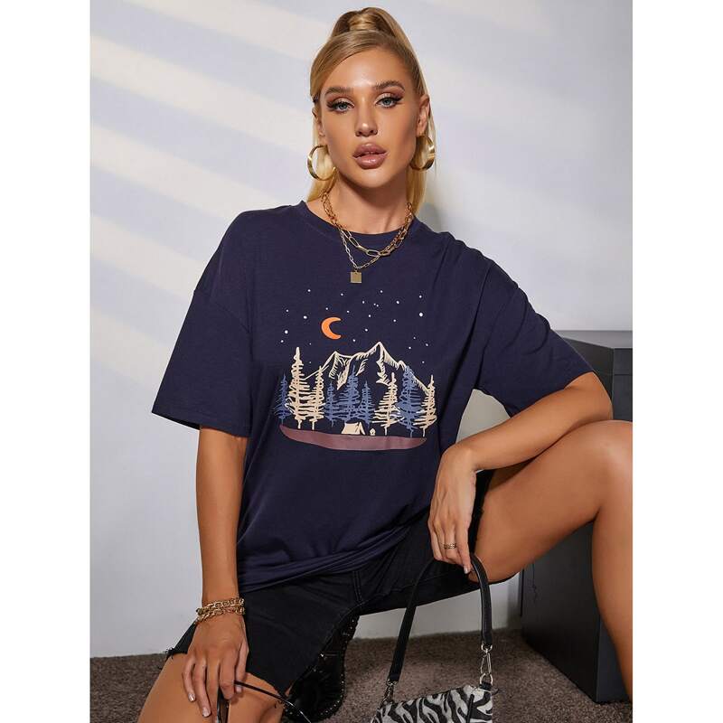 

Graphic Print Drop Shoulder Tee, Navy blue