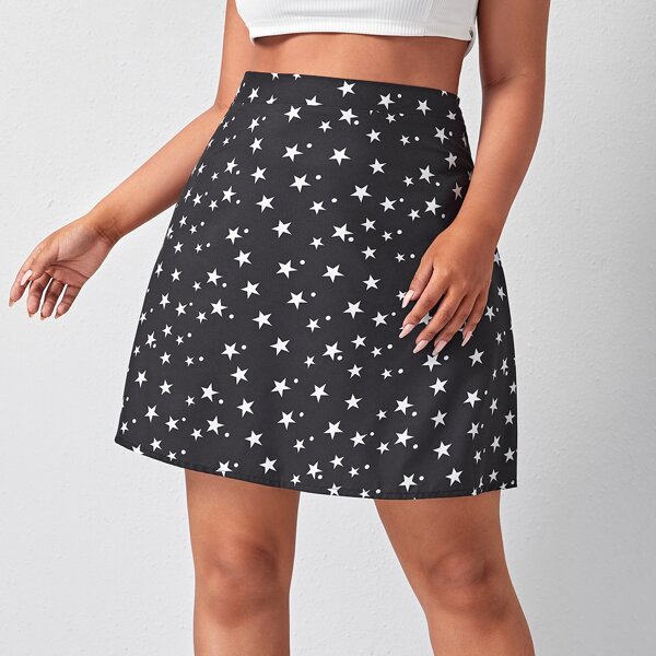 

Plus Allover Star Print Straight Skirt, Black and white
