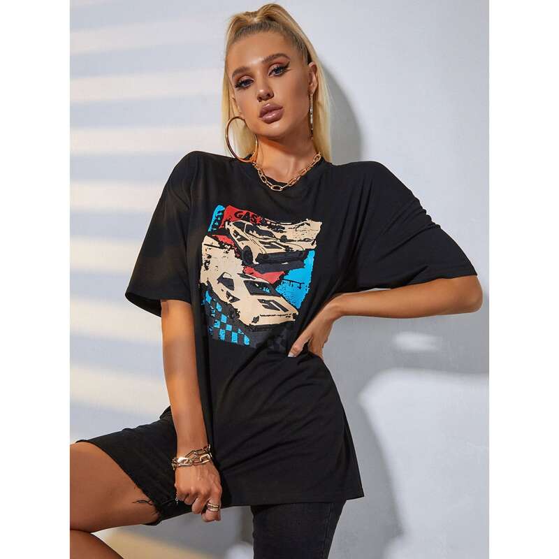 

Car & Letter Graphic Oversized Tee, Black