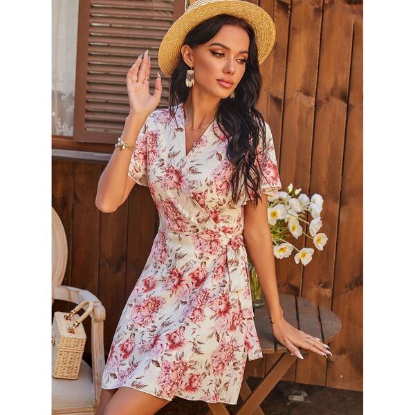 

Allover Floral Tie Side Wrap Dress, Multicolor