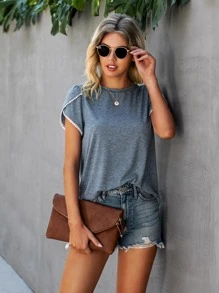 SHEIN Unity 花瓣袖圓領T恤 - 霧霾藍 - 查看 3