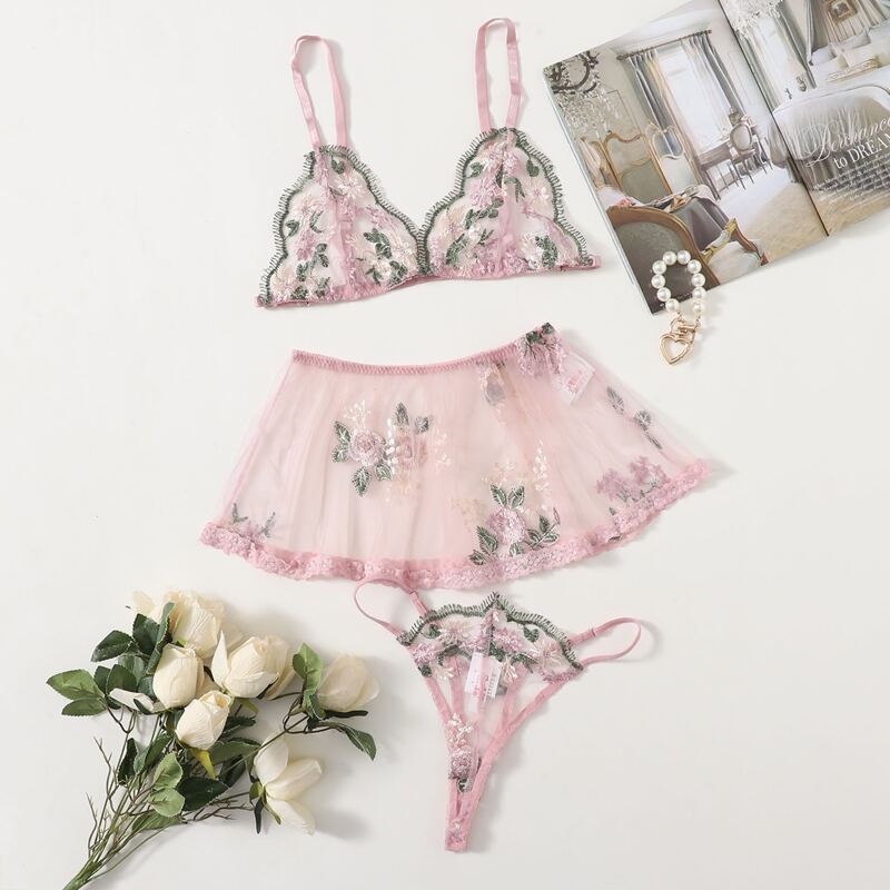 

3pack Floral Embroidery Thong Lingerie Set, Pink