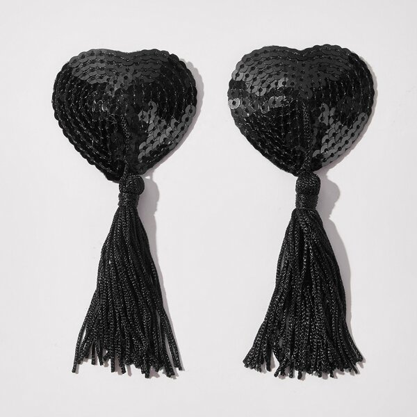 

1pair Tassel & Rhinestone Decor Nipple Cover, Black
