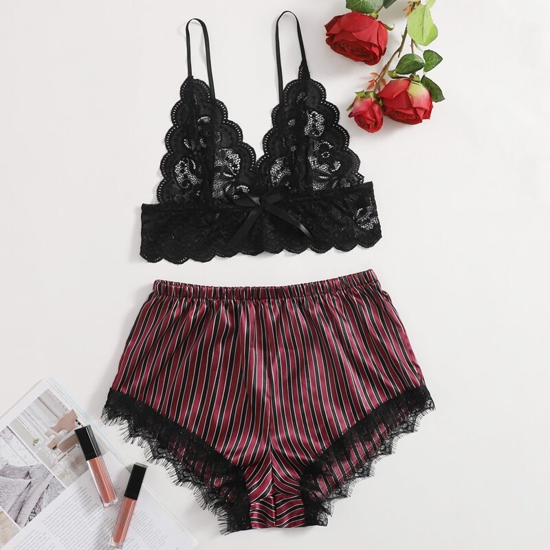 

Striped Floral Lace Lingerie Set, Multicolor