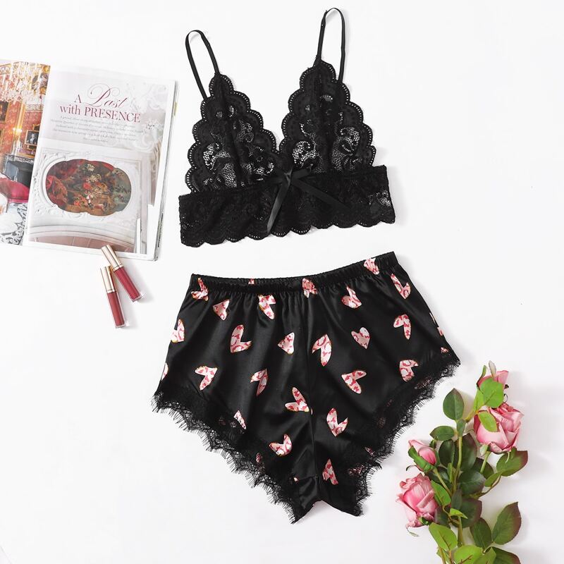 

Heart Print Floral Lace Lingerie Set, Black