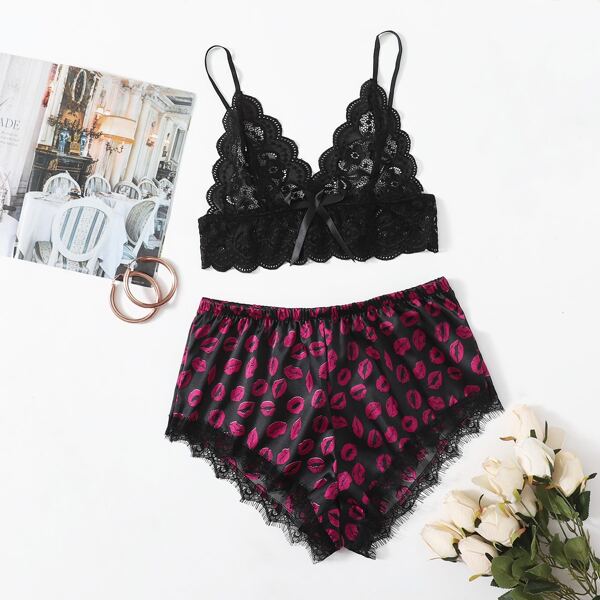 

Lip Print Satin Scalloped Lace Lingerie Set, Multicolor