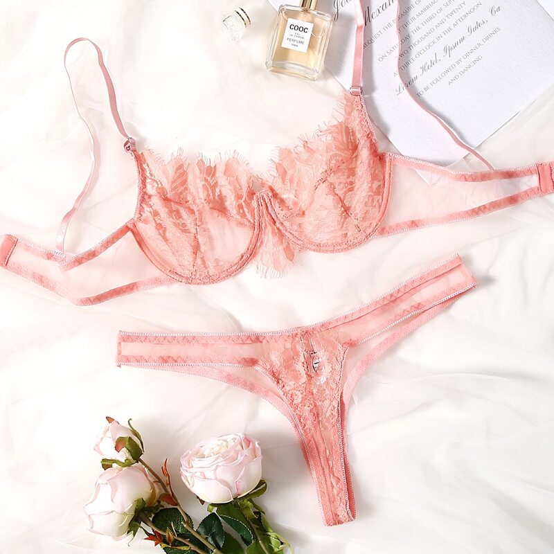 

Floral Lace Underwire Thong Lingerie Set, Coral pink